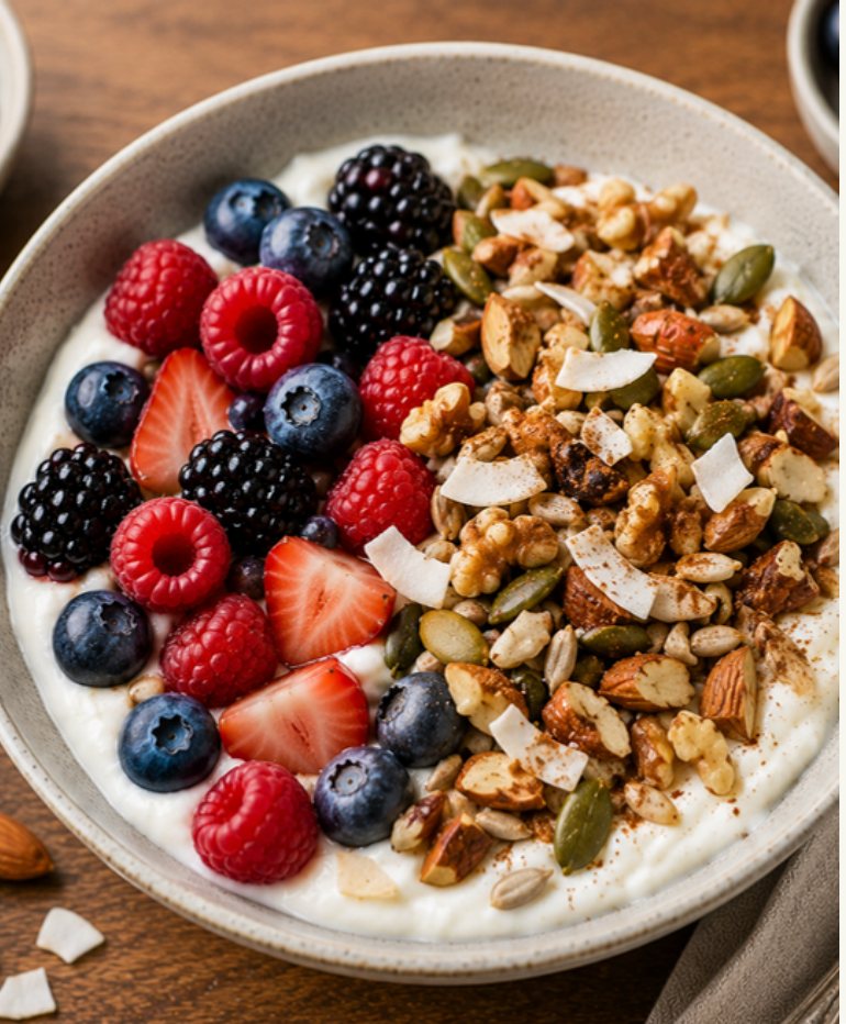 Beeren-Joghurt mit selbstgemachtem Nuss-Crunch