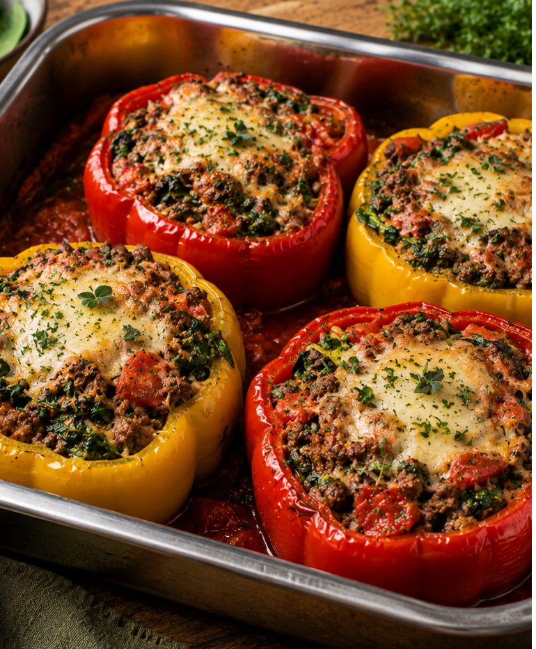 Gefüllte Paprika mit Rinderhack Spinat und Tomate