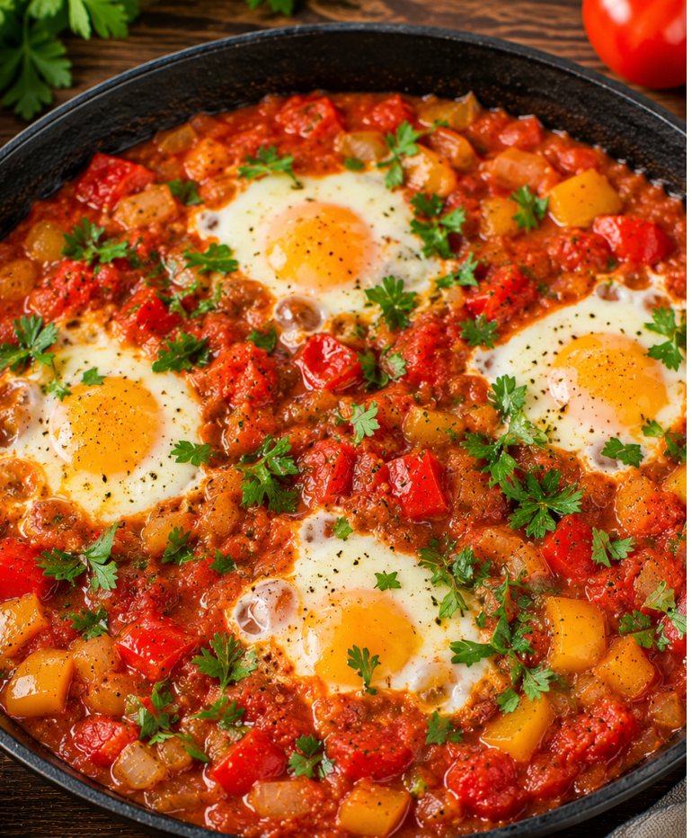 Gemüse-Shakshuka mit Paprika Tomaten und Feta