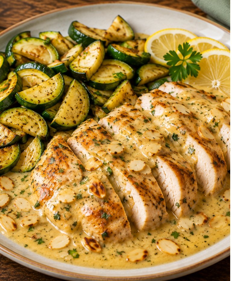 Hähnchen in Mandel-Zitronen-Sauce mit grünem Gemüse