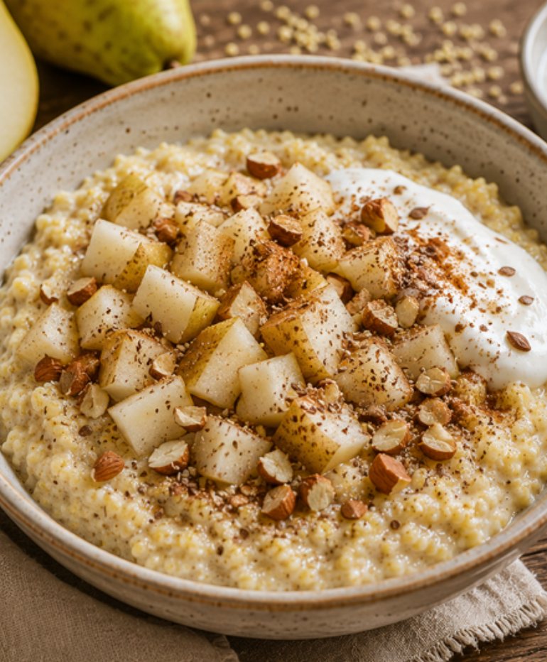 Hirse-Porridge mit Birne und Mandeln