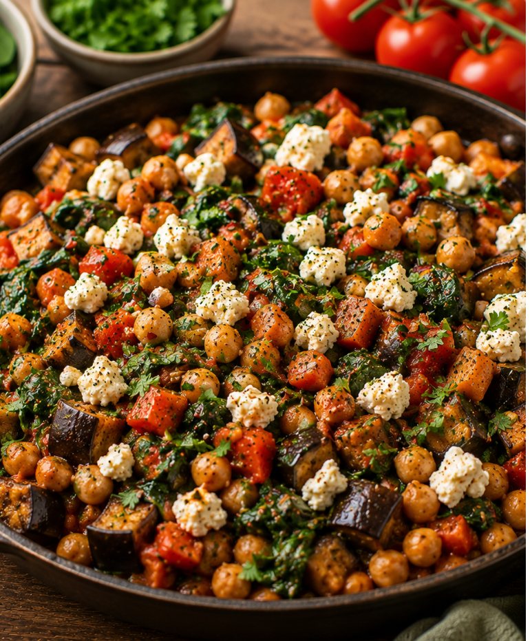 Kichererbsen-Tomaten-Pfanne mit Aubergine und Spinat
