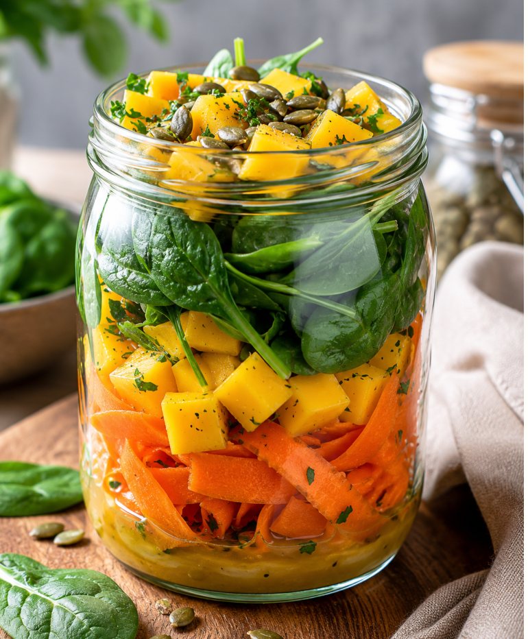 Mango-Karotten-Salat mit Babyspinat und Kürbiskernen