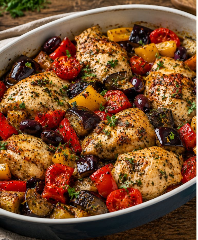 Mediterranes Hähnchen mit Aubergine Paprika und Oliven