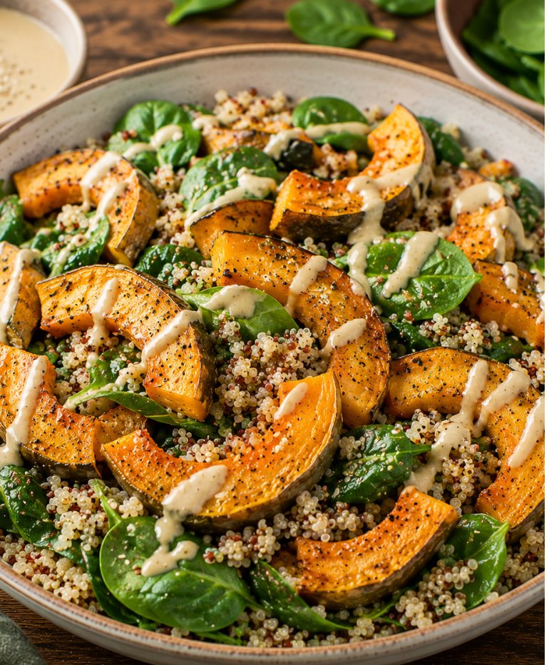 Ofenkürbis mit Quinoa Babyspinat und Tahini
