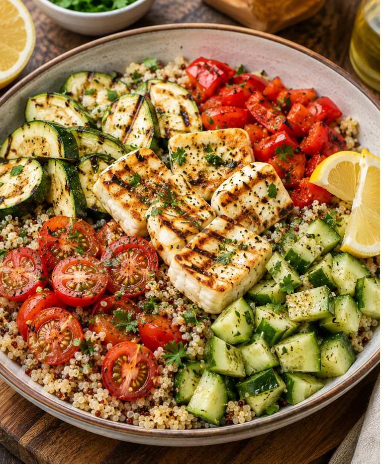 Quinoa-Gemüse-Bowl mit Halloumi und Zitronen-Kräuter-Dressing