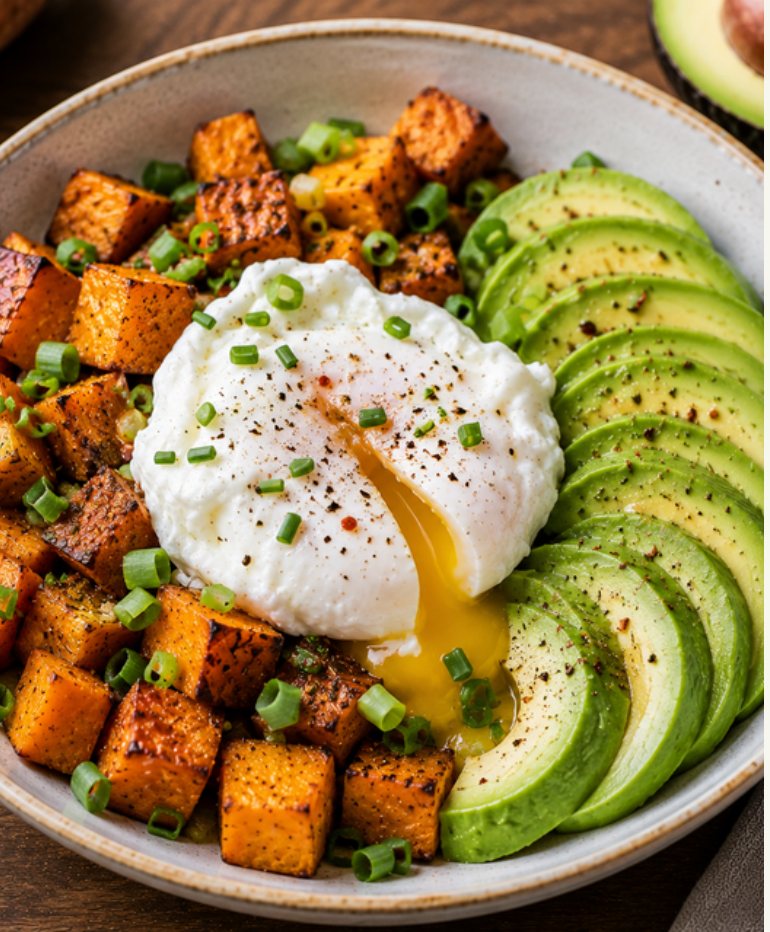 Süßkartoffel-Frühstück mit Ei und Avocado
