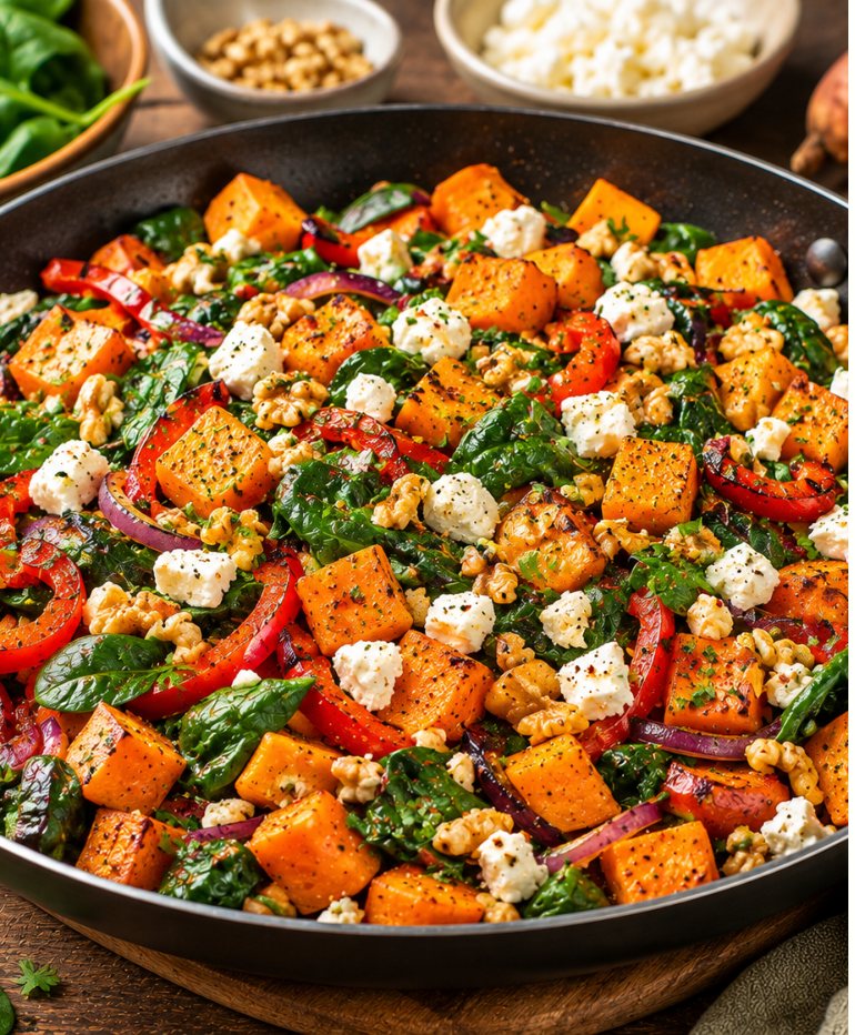 Süßkartoffel-Spinat-Pfanne mit Walnüssen und Feta