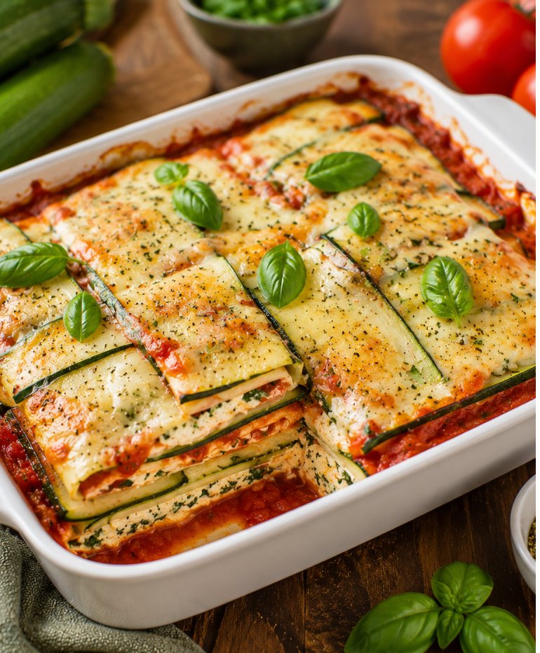Zucchini-Lasagne mit Linsen-Tomaten-Sauce